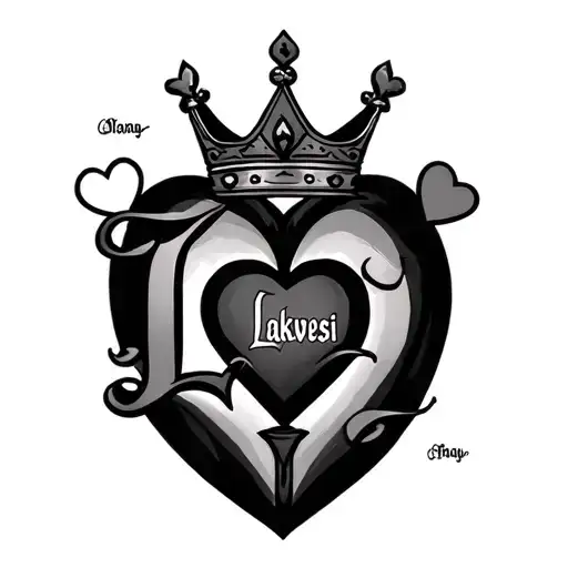 "Lakwesi" heart surrounding last letter I, little heart above first heart, king Crown over letter L  tattoo design idea