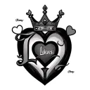 "Lakwesi" heart surrounding last letter I, little heart above first heart, king Crown over letter L  tattoo design idea