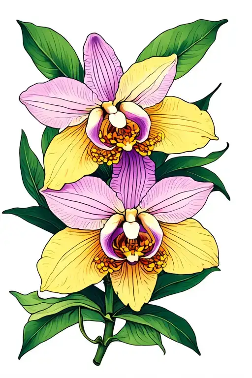 combine Cattleya trianae orchid and Golden Wattle flower tattoo, fine line, delicate, minimalistic, symbolic of identity tattoo design idea