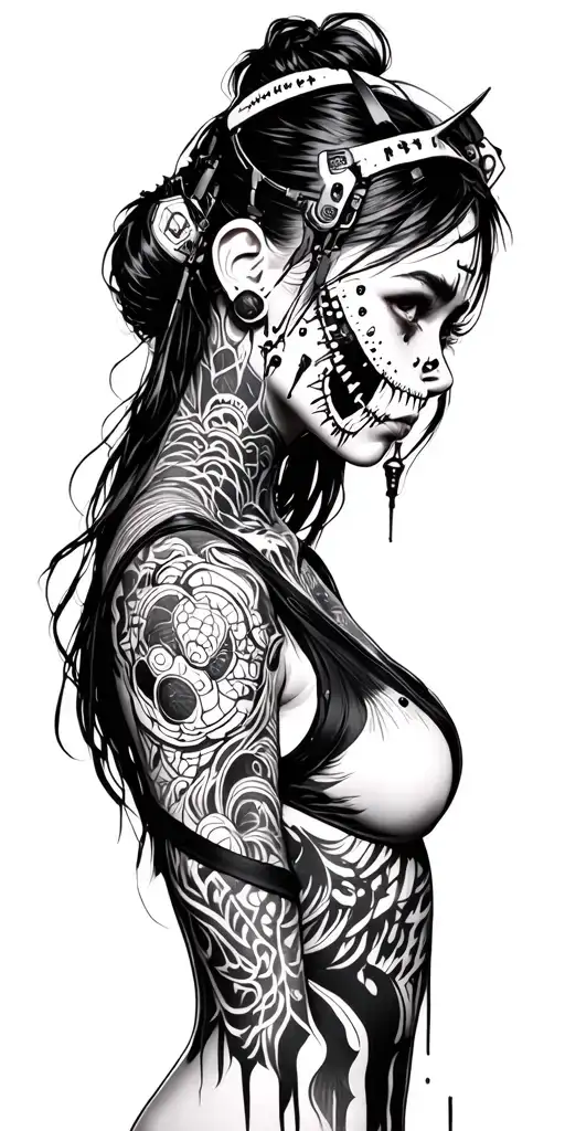 Cyberpunk Inspired girl with stitches tattoo design idea
