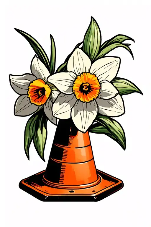 traffic cone with narcissus flower tattoo design idea