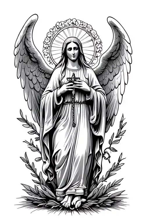 virgin mary with rosary and weeping angel holding tattoo design idea