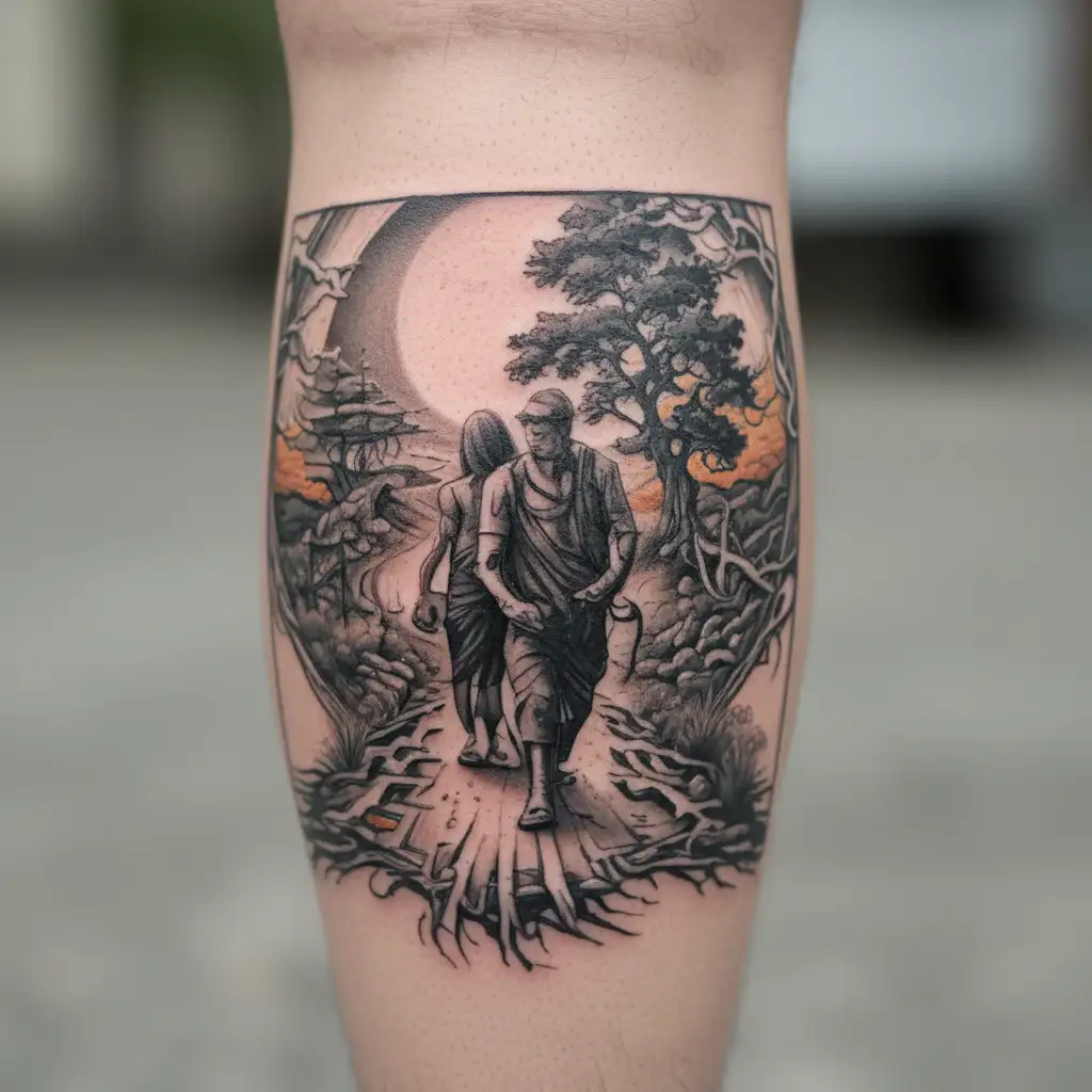 A guy who goes with his wife and son from the darkness to the sun, on a very difficult road, where at the end of the roa tattoo design idea