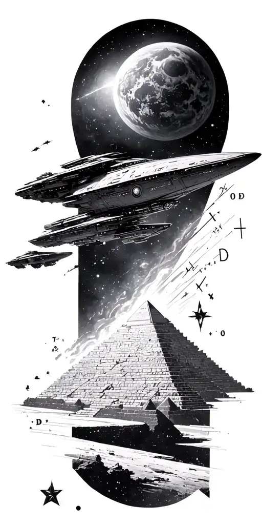 universe with alien ship flying through galaxy, egyptian symbols with great pyramid, science and math tattoo design idea