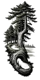 pine forest wrap around tree golf course family tattoo design idea