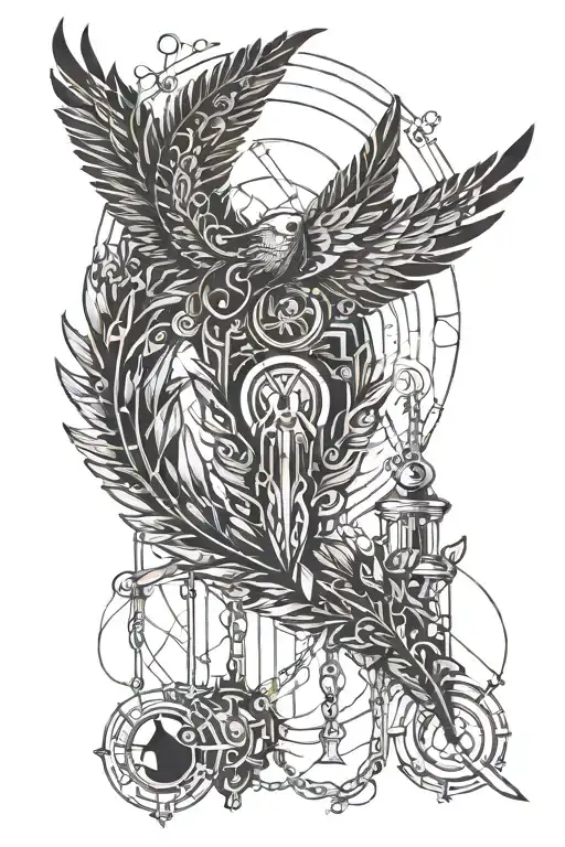 A delicate feather at the base of the tattoo, which morphs upward into broken chains. Above the chains, birds or doves f tattoo design idea