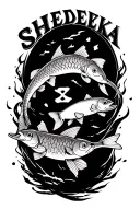  I want a tattoo that says my mom’s name Shiedeka and I want the pieces symbol across the name and I want 2 fish 1 swimm tattoo design idea