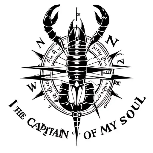 Scorpion, vintage compass, sailing ship, and the phrase “I am the captain of my soul” in an elegant realistic tattoo com tattoo design idea