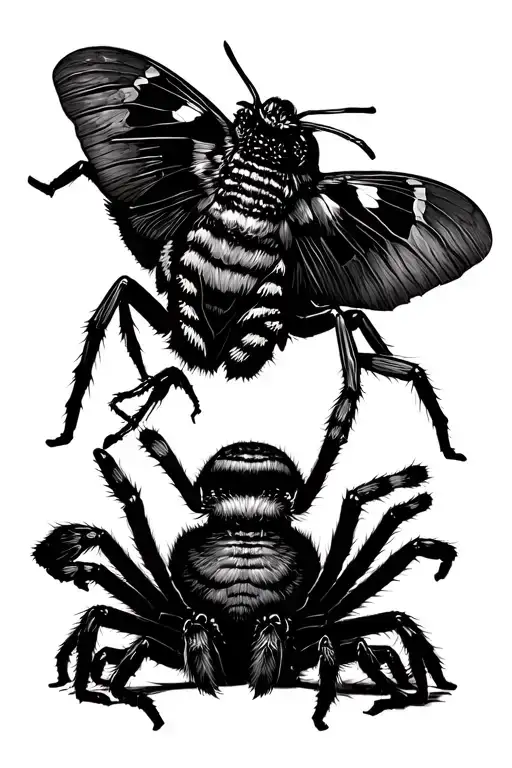 spider eating moth, second spider crawling to bird tattoo design idea