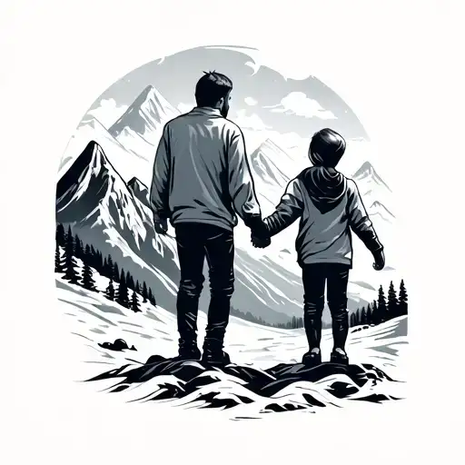 Dad with his son and daughter, holding hands go to the mountains tattoo design idea