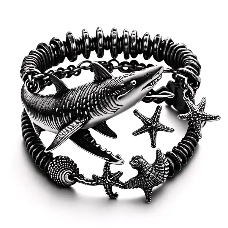 spine tattoo charm bracelet with charms that are whale sharks, manta ray, sunshine, seashell, starfish, seahorse, tattoo design idea