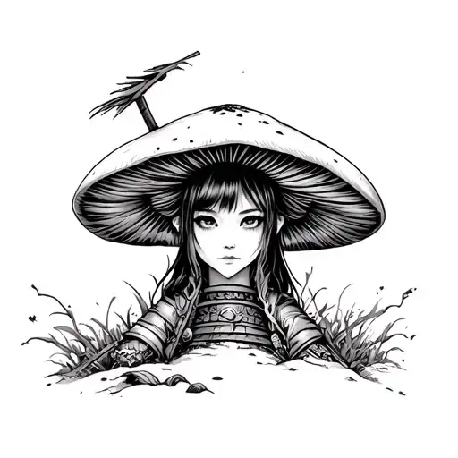 mushroom girl samurai warrior tattoo design idea