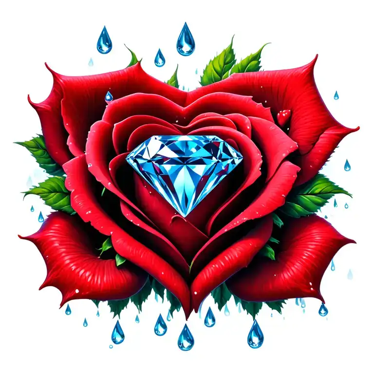 1 large blue diamond in center, surrounded by red rose, Rain drops, heart, symbol for fertility tattoo design idea