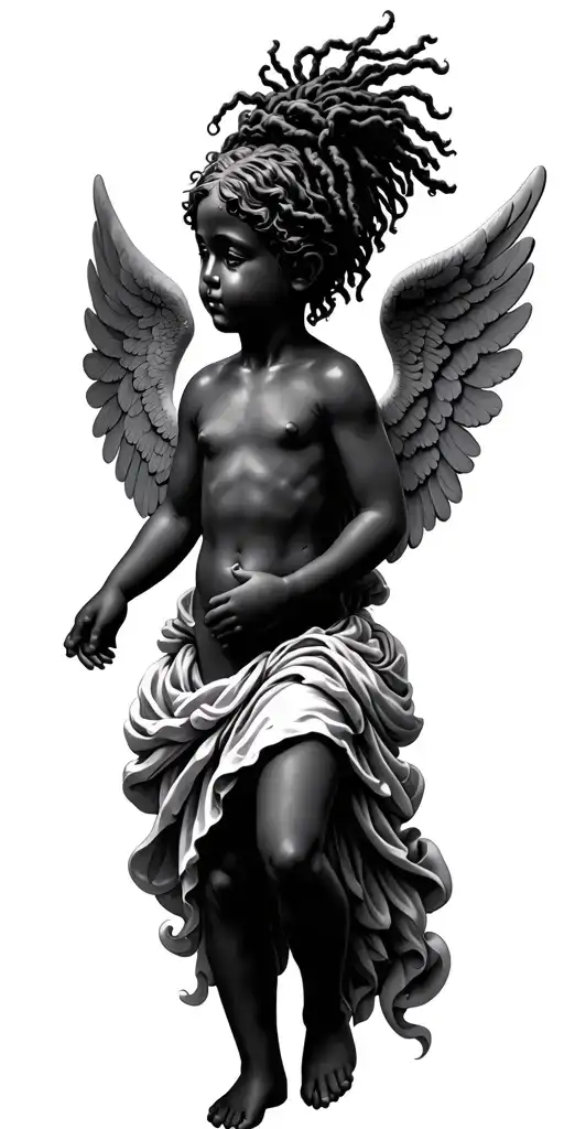 black cherub angel with dreads and wings spread tattoo design idea