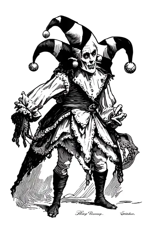 “A full-body creepy, solemn jester illustrated in the style of a vintage black-ink etching. The jester has a gaunt, elon tattoo design idea
