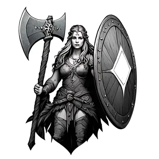 viking shield maiden holding axe tattoo design idea