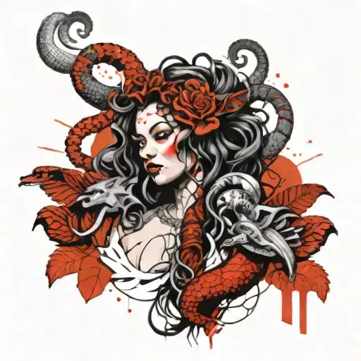 forearm sleeve of Medusa holding snakes in her hand wrapped tattoo design idea