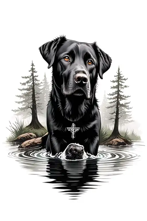 full sleeve outdoors tattoos in the woods with a black lab dog in the water and psalms  tattoo design idea