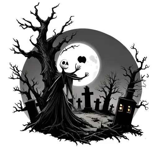 A haunted moonlit graveyard scene with Jack Skellington dancing among twisting trees, shadows, and ghostly figures surro tattoo design idea