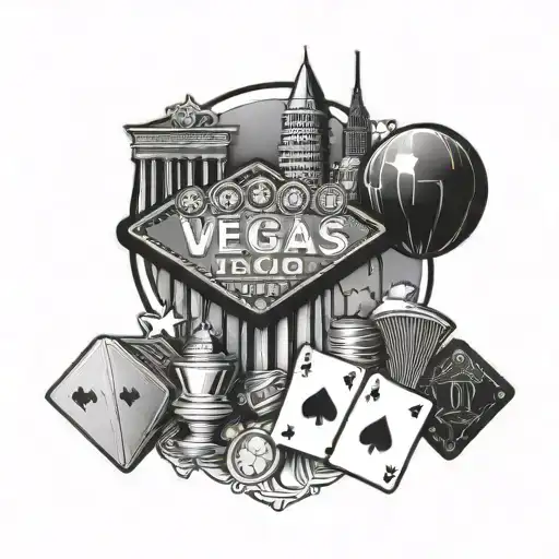 vegas sign, luxor sphinx, paris balloon, cards, poker chips, roulette wheel tattoo design idea