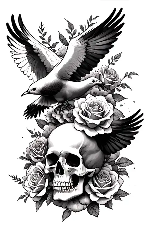 Doves, roses and skulls in the clouds surrounding tattoo design idea