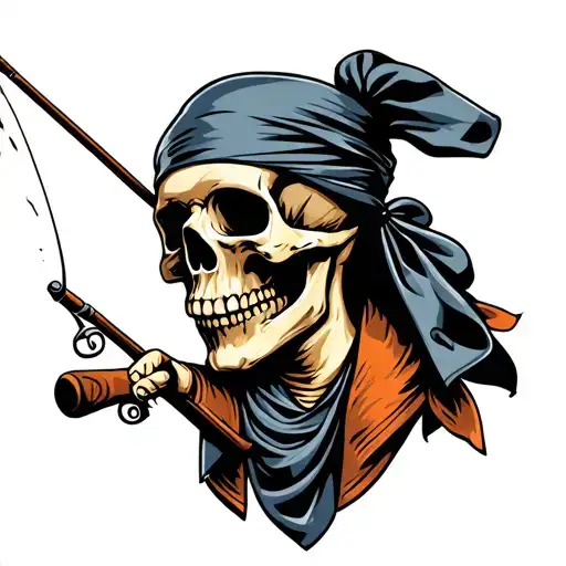 smoking skull wearing bandana holding a fishing pole tattoo design idea
