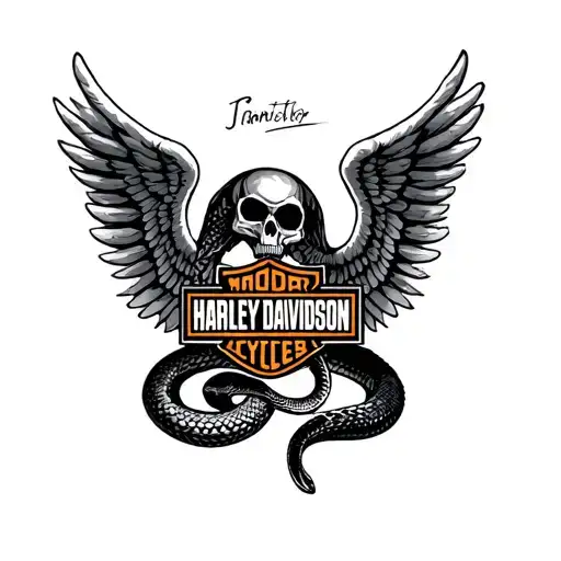 harley davidson logo with snake wrapped around it and angel wings tattoo design idea