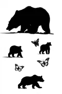 Papa bear and 3 black bear cubs and 2 monarch butterfly walking in the wilderness trees tattoo design idea