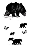Papa bear and 3 black bear cubs and 2 monarch butterfly walking in the wilderness trees tattoo design idea