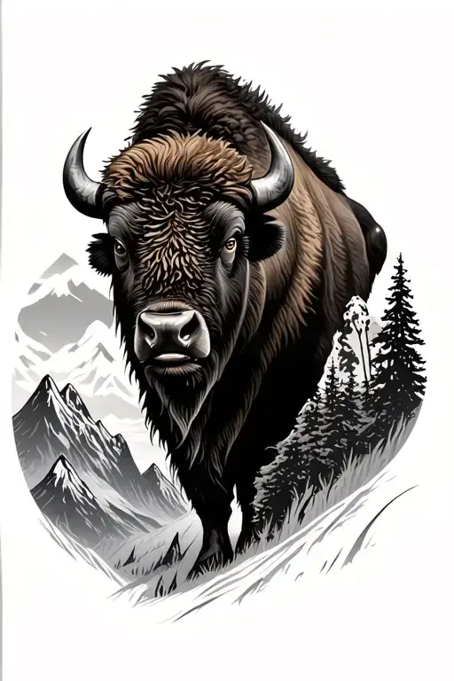 bison with mountains around sleeve tattoo design idea