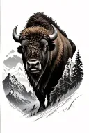 bison with mountains around sleeve tattoo design idea