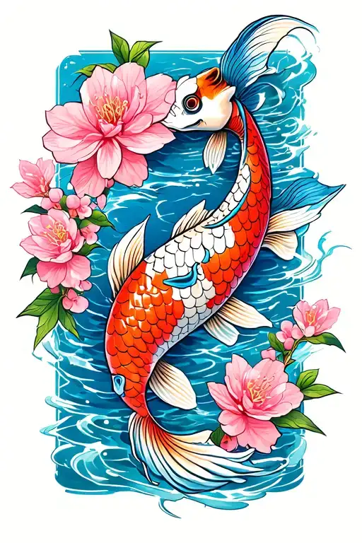 blue koi fish with pink cherry blossoms tattoo design idea