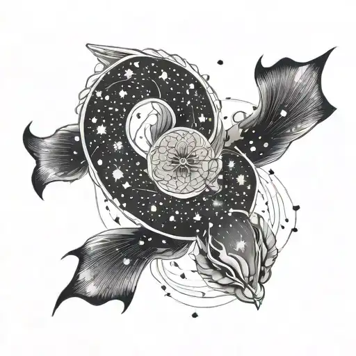 For your tattoo concept, combining a galaxy, Fibonacci spiral, and the Pisces constellation, here's an idea:1. Galaxy  tattoo design idea