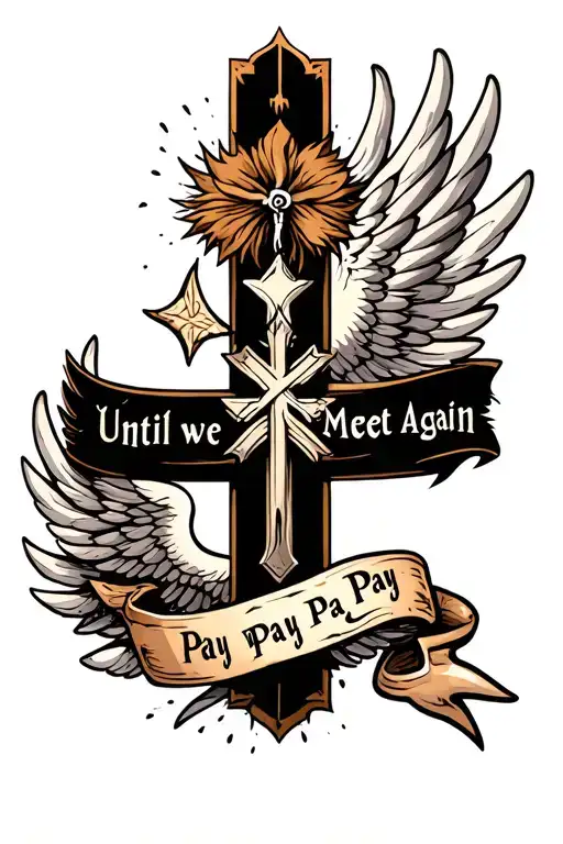 Create a small tattoo with a cross with wings and the words until we meet again wrapped around it with the words pay pay tattoo design idea