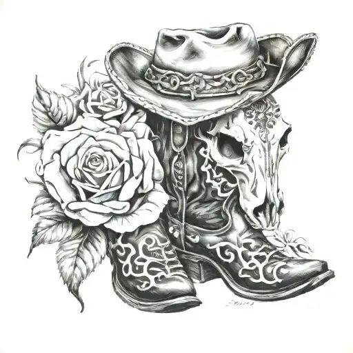 country and western style cow skull cowboy boots cowboy hat roses mam dad tattoo design idea