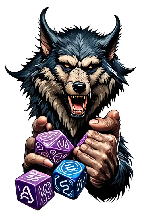 Werewolf holding D20 dice tattoo design idea