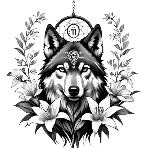 female wolf head surrounded by lily flowers with #11, dream catcher and Taurus astrological symbol on forehead tattoo design idea