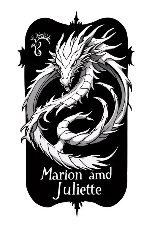 a Nordic dragon circling the arm and with two names written in the Nordic alphabet: Marion and Juliette tattoo design idea