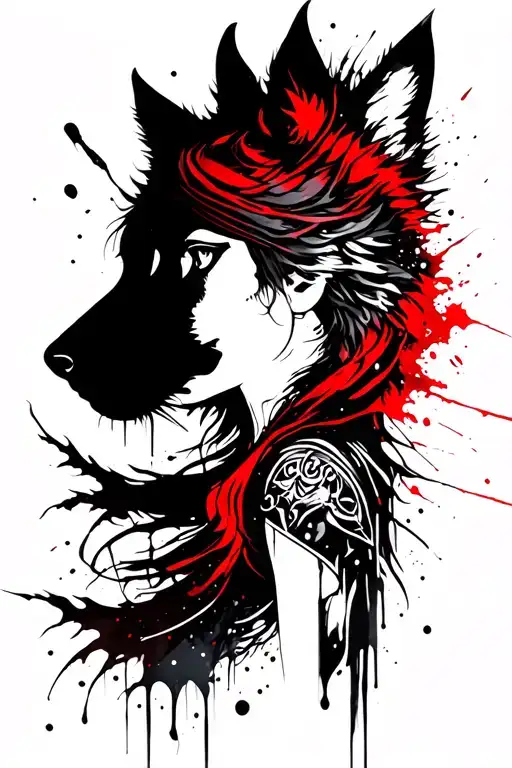 warrior princess and wolf silhouette tattoo design idea