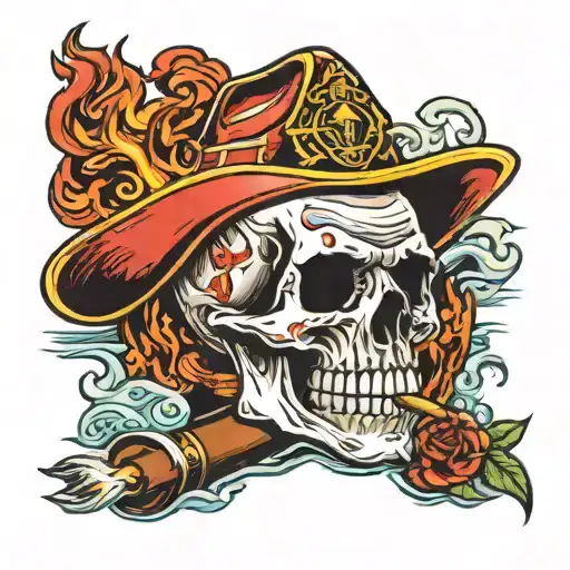 Fire fighter skull smoking a cigar with the ocean scene tattoo design idea