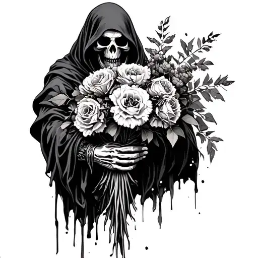 grim reaper holding a bouquet tattoo design idea