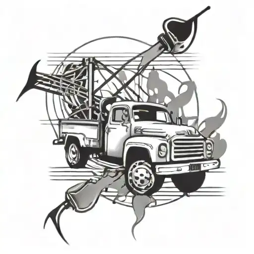 A black-grey tattoo of a truck driving through a musical staff with fishing hooks hanging off the notes tattoo design idea