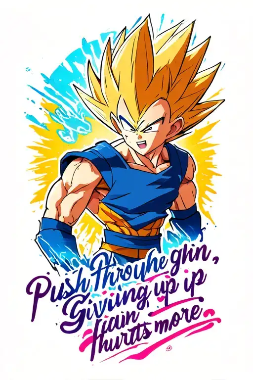 Push through the pain. Giving up hurts more.(text)-Vegeta tattoo design idea