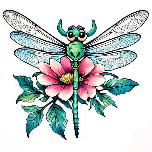 dainty art deco dragon fly with a flower  tattoo design idea