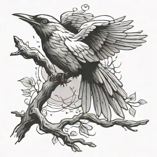bird flying off snapped branch representing tattoo design idea