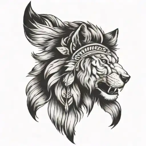 front view, left side wolf, right side lion face with mane, wearing indian cherokee head piece. black and white. please. tattoo design idea