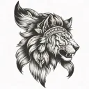 front view, left side wolf, right side lion face with mane, wearing indian cherokee head piece. black and white. please. tattoo design idea