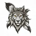 front view, left side wolf, right side lion face with mane, wearing indian cherokee head piece. black and white. please. tattoo design idea