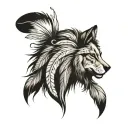 front view, left side wolf, right side lion face with mane, wearing indian cherokee head piece. black and white. please. tattoo design idea