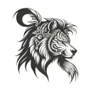 front view, left side wolf, right side lion face with mane, wearing indian cherokee head piece. black and white. please. tattoo design idea